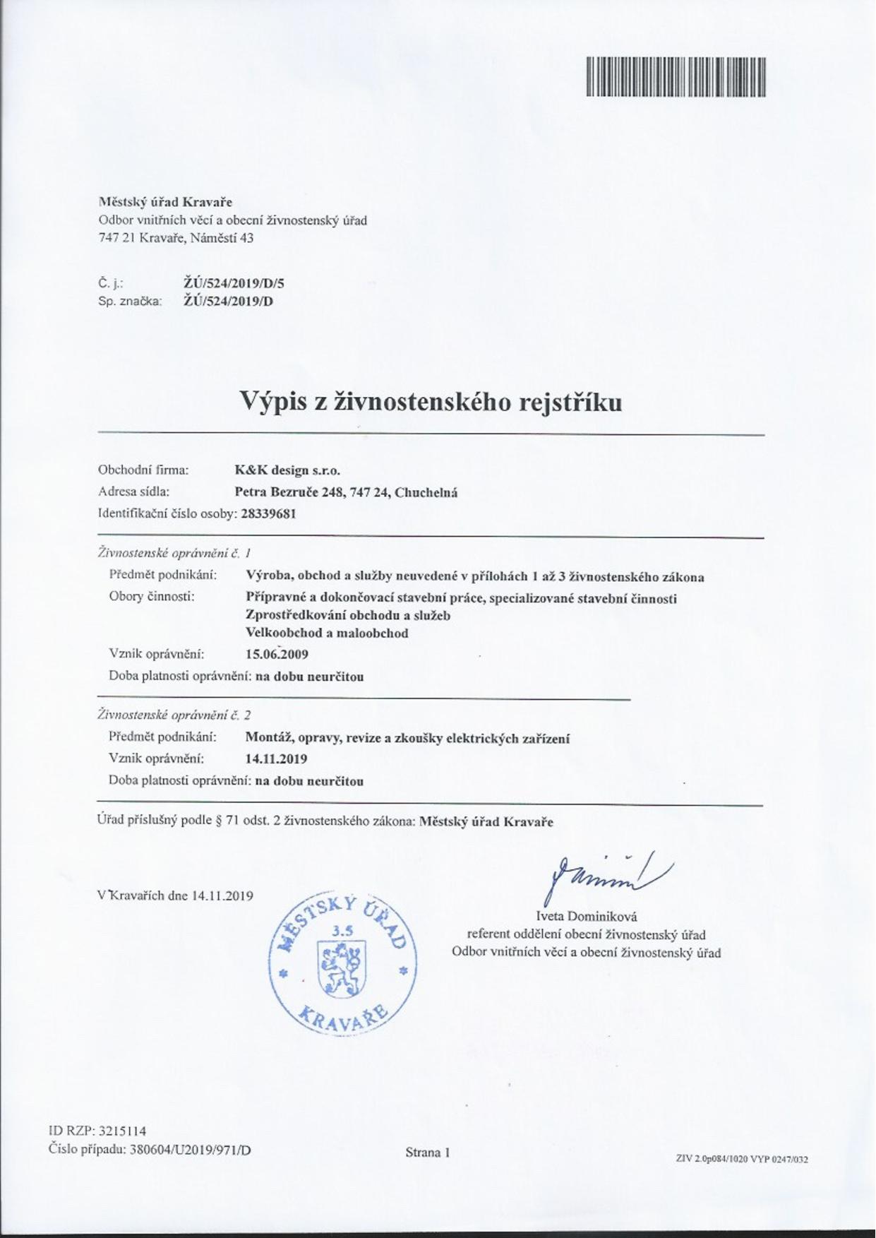 Výpis z živnostenského rejstříku